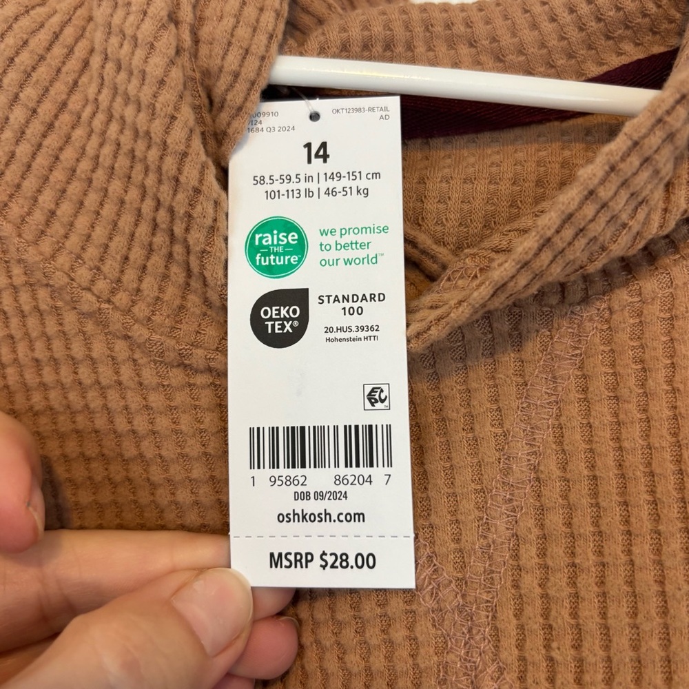 OshKosh B'gosh Boys Tan Hooded Waffle Knit Long Sleeve Shirt Size 14 NWT - Picture 3 of 6